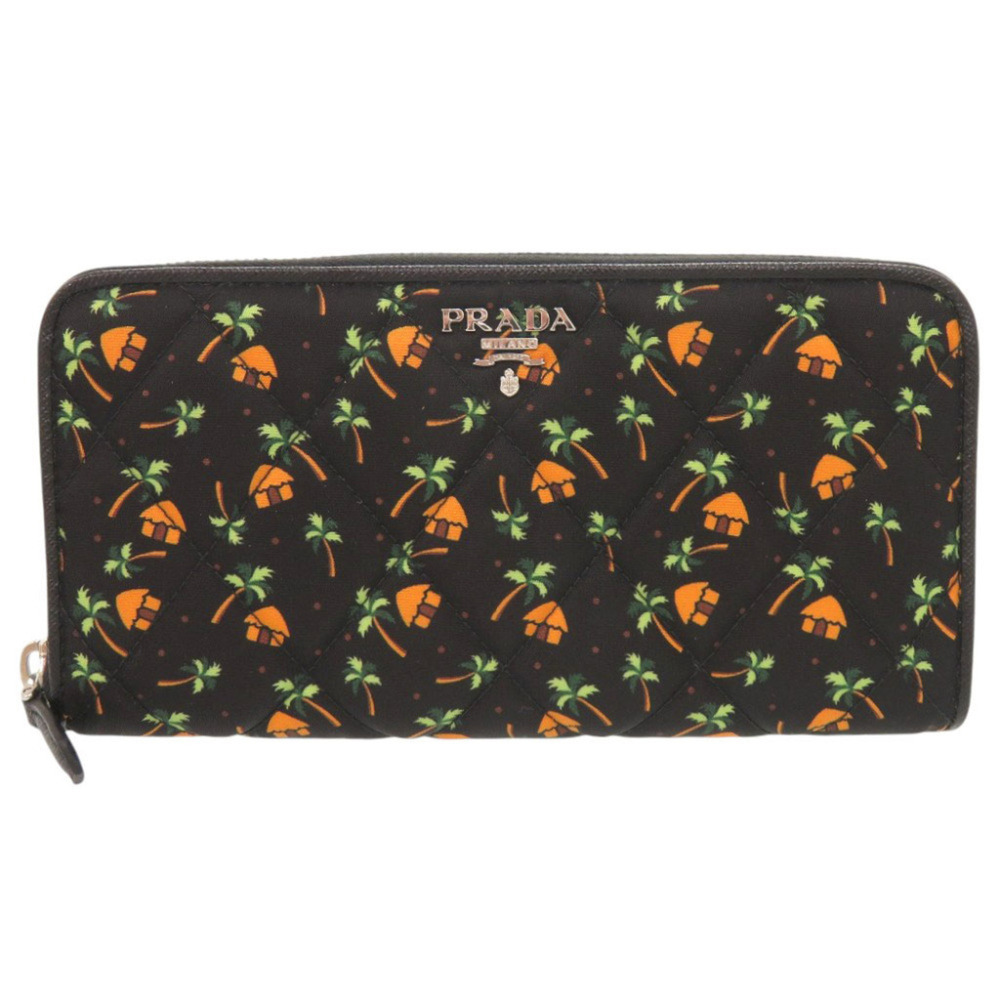 Prada Palm Tree House Nylon Saffiano Leather 1ML506 Black Multicolor Round Zi...